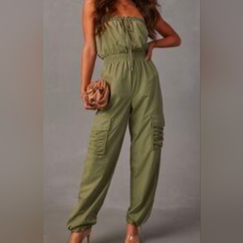 Skylar Rose Olive Army Green Women's Jumpsuit Scrunchy Cargo Pocket Details